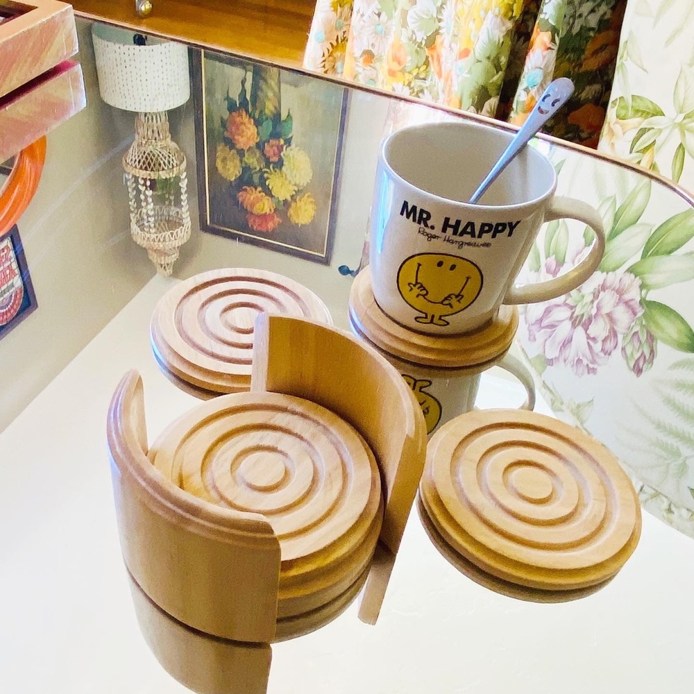 Boho Wooden Beverage Coaster Stack w/ Holder